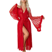 Sexy en elegante damespyjama met kanten tule details en lange mouwen, effen kleur, lange mouwen, tailleband, loungewear (SL)