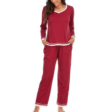 Ensemble pyjama femme, haut à manches longues décontracté et pantalon long, deux pièces, couleur bordeaux, taille L.
