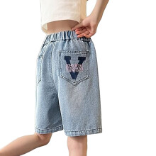 Novos shorts para meninas, estampa de letras, jeans na altura do joelho, cintura elástica, shorts jeans finos com bolsos, modelo macacão