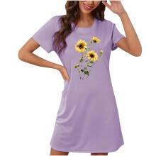 Damen-Nachthemd mit Sonnenblumenmuster in großen Größen, Rundhalsausschnitt, kurze Ärmel, weiche, doppelt gebürstete Milchseide, Größen