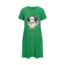 Halloween-Nachthemd für Damen in großen Größen, Kurzarm, Rundhalsausschnitt, Geisterprint, gruseliges Hauskleid, 3XL-5XL, verschiedene Farben