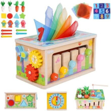 6-in-1 Montessori tissuebox speelgoed voor 6+ maanden, houten activiteitenkubus, puzzels voor 12-18 maanden, sensorisch speelgoed voor peuters van
