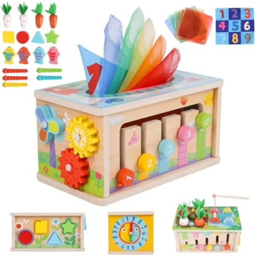 Παιχνίδι Montessori Tissue Box 6 σε 1 για 6+ μήνες, Ξύλινος κύβος δραστηριοτήτων, Παζλ για 12–18
