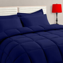 Marineblauwe tweepersoons dekbedset (5-delig) – Gewatteerd, omkeerbaar dekbed voor alle seizoenen, plat en hoeslaken, 1 kussensloop, 1