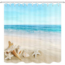 Perdea de duș cu model stea de mare, peisaj oceanic tropical, 91x183 cm, 12 inele de fixare antirugină, material textil inodor