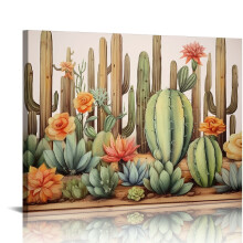 Tableau sur toile Cactus – Plantes succulentes et fleurs vertes sur bois, affiche 51 x 41 cm pour la décoration du salon/de la cuisine