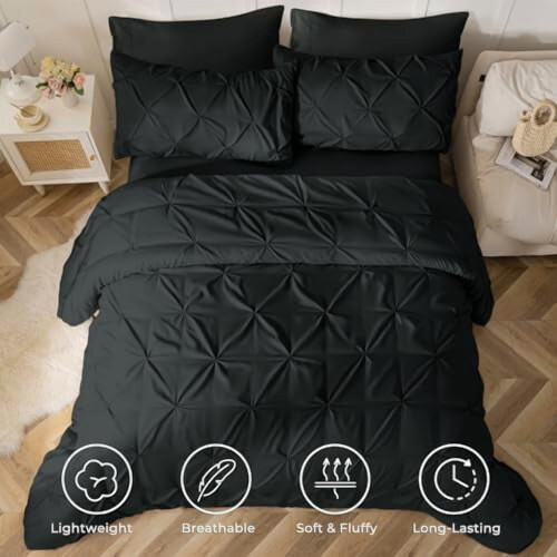 Set copripiumino singolo da 5 pezzi con design a pieghe – Include copripiumino, lenzuola e federe, nero 1