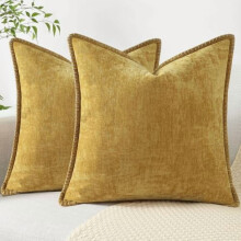 Housses de coussin en chenille douce 66 x 66 cm, lot de 2, style champêtre, velours, bordure cousue, jaune minéral – Compatibles avec les
