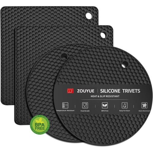 ZOUYUE4-Pack Μαύρες Τριβέτες Σιλικόνης – Αντιολισθητικές, Ανθεκτικές στη Θερμότητα,