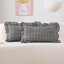 Confezione da 2 federe per cuscini king size a balze, a quadri rossi e bianchi, 100% cotone.