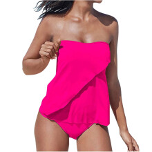 Bandeau tankini's voor dames, sportieve tweedelige badpakken met bloemenprint, effen kleur, strandkleding set, felroze.