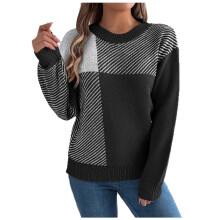 Maglione da donna a maniche lunghe con scollo rotondo e motivo a quadri color-blocking, taglie S-XL, morbido, casual, caldo e traspirante.