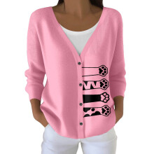 Damecardigan Casual Button Down Farveblok Sød Kat Strikket V-hals Åben Front Strik Efterårstrøer Damejakker Z3-Pink XL
