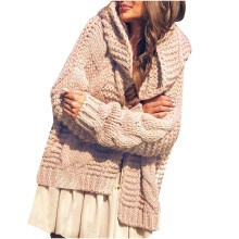 Damen-Strickjacken mit Zopfmuster, Winter, Unifarben, Mode 2025, Lässiger Langarm-Kapuzenpullover, Beige