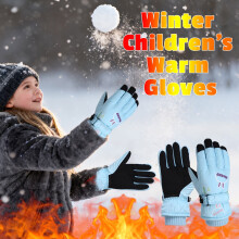 Kids' Waterproof Ski Gloves, Cute Cartoon Design, Warm Insulated & Grip, Adjustable Wrist, Blue, One Size (8-12 Yrs)