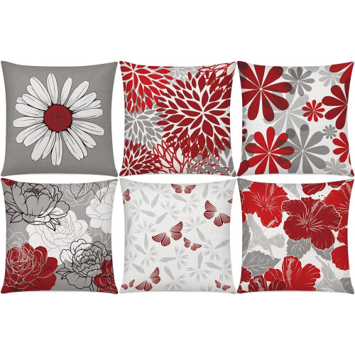 Conjunto de 6 capas de almofada com estampa de margaridas vermelhas e cinzas, 45x45 cm (18x18 polegadas).