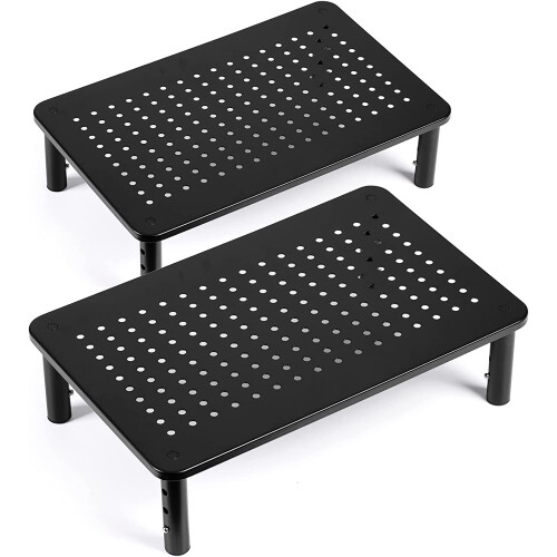 TV/Monitor Riser Desktop Stand, Flat Screen, Sturdy Metal Laptop Computer Shelf for Printer, iMac, 3 Height Adjustable PC with Mesh Platform, 2 Pack