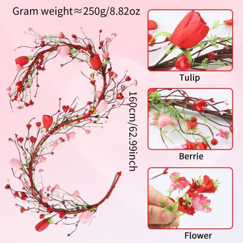 Ghirlanda artificiale di tulipani a forma di cuore e bacche, 160 cm 2
