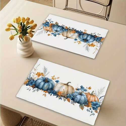 Herbsternte-Platzsets, 4-teilig, Leinenblau, Kürbis 1
