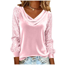 Top da donna, blusa a maniche lunghe con scollo a V e applicazioni di paillettes, top casual con dettagli glitterati per la casa e l'uso quotidiano.