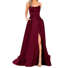 Elegantní dlouhé plesové šaty s volným zadkem a bočním rozparkem – Crins Satin, XL, vhodné na formální příležitosti