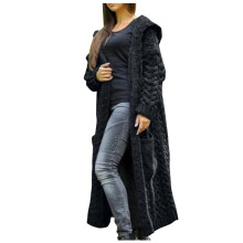 Cardigã longo feminino de tricô com capuz, cor sólida, para outono/inverno, com bolsos, estilo casual, folgado, para uso diário.