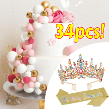 Set complet de decorațiuni pentru petrecerea de ziua de naștere: Decoruri pentru tort cu bile din spumă și coroană de regină cu strasuri și