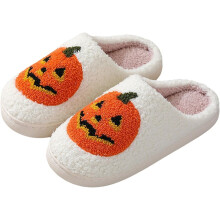 Pantuflas de calabaza de Halloween para mujer: lindas sandalias de felpa con dibujos animados, antideslizantes, con punta cerrada, zapatos cálidos