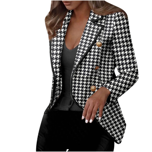 Γυναικεία Μπλούζα με Μπλούζα, Σακάκι Houndstooth, Στάμπα, Μακρυμάνικο Κοστούμι,