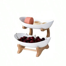Présentoir à fruits à deux niveaux en bambou et céramique