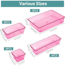 Ensemble de 25 organisateurs de tiroir en plastique (4 tailles), rose transparent – Convient pour le maquillage, les bijoux, les gadgets, la