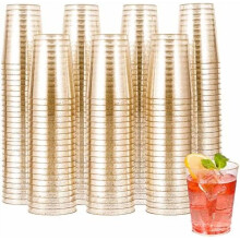 Lot de 200 gobelets en plastique doré de 30 cl, gobelets jetables à paillettes dorées, transparents, pour mariages, Thanksgiving, fêtes de Noël