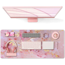 Alfombrilla de escritorio rosa XXL (90 x 40 cm), base de goma antideslizante, bordes cosidos, resistente al agua — Compatible con juegos y uso de