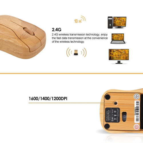 Mouse ottico wireless 2.4G in bambù, DPI regolabile, con ricevitore USB per notebook, PC, laptop e computer, colore giallo. 1