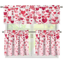 Valentine's Day Window Curtains Set of 3 – Light Filtering Pink Heart Tier Curtains with Valance, Rod Pocket, for Bedroom Decor