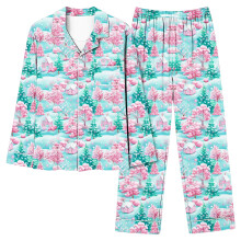 Naisten joulupyjama-setti, joulupukkikuvio, pitkähihainen, napitettava edessä, neljään suuntaan joustava vyötärö, S-2XL, yhteensopiva