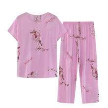 Dame sommer nattøjssæt i hør med 2 dele | Kortærmet top med knapper og rund hals, retroprint + bukser med elastik i taljen | XL-5XL