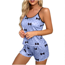 Pyjamaset met strik en stippen voor dames: mouwloze camisole en short van melkzijde (maat S-XL), zacht en elastisch.