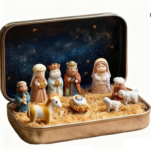Mini julkrubbaset i plåtask – Heliga familjen 1