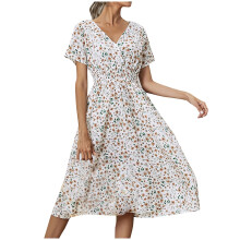 Rochie de vară ieftină! Rochie de damă casual mărime mare, vară, casual, mânecă scurtă, decolteu în V, florală, lejeră, slim, alb, L