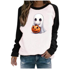Dam Halloween-tröja med rund hals - Plusstorlek långärmad, läskigt tryck, höstens essentials, casual, hem/utomhus, S-3XL