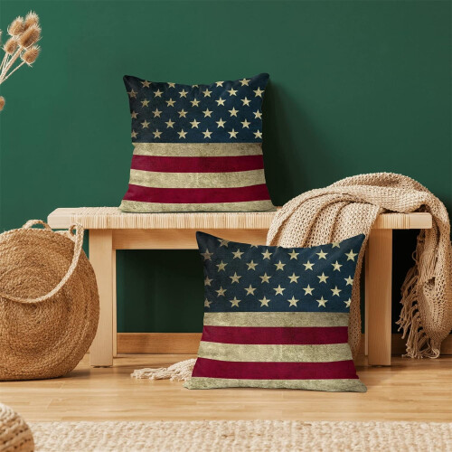 Conjunto de 2 capas de almofada vintage em linho com a bandeira americana, 50x50cm (20x20 polegadas). 1