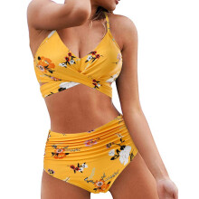 Damskie kostiumy kąpielowe typu halter bikini z wysokim stanem, dwuczęściowe, z wiązaniem krzyżowym i paseczkami