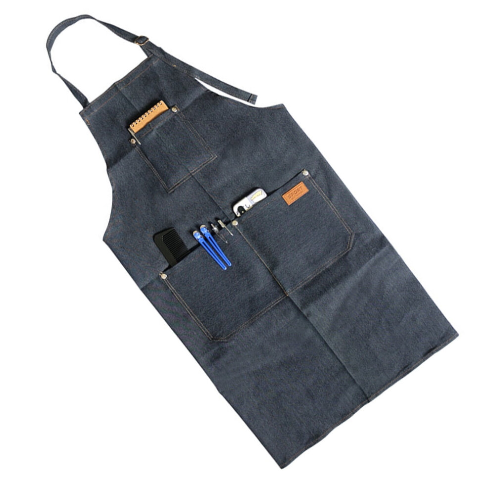 1Pc Denim Apron Work Apron With Pockets Durable Black Salon Cooking Protection Use 9353595322943