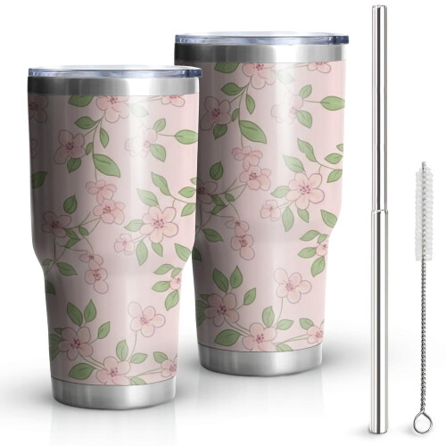 Copo térmico floral de 30 oz com tampa e canudos.