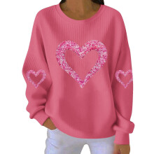 Damen-Sweatshirt mit Herzmotiv zum Valentinstag, gerippt, Rundhalsausschnitt, lang