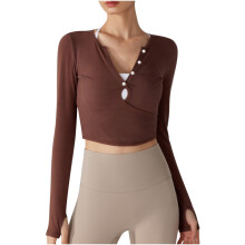 Top de manga larga marrón cómodo para mujer, moderno, con escote en V profundo, poliéster, estampado liso, talla M.