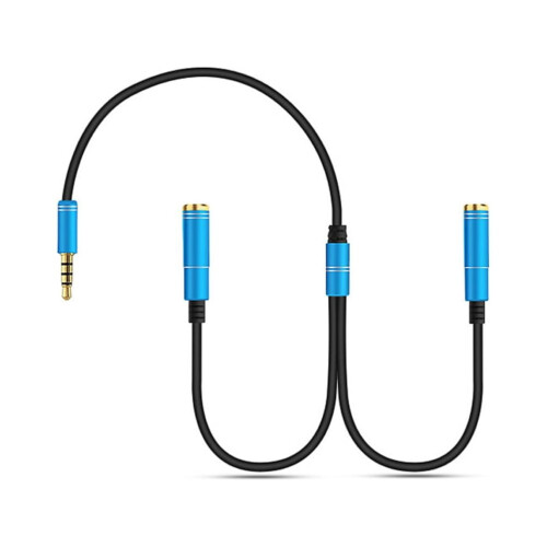 Auriculares negros sin marca, con cable, micrófono y altavoz divisor. 1