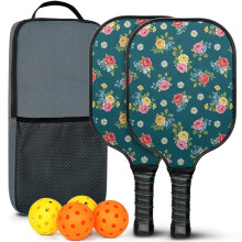 Floral Fiberglass Pickleball Paddles Set w/ 2 Balls & Bag – Compatible with Indoor/Outdoor Play