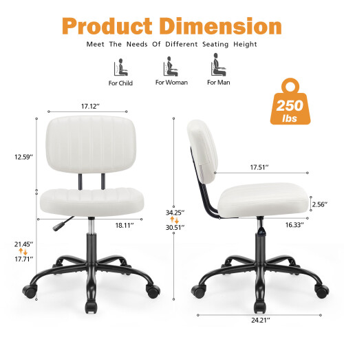 Armless Swivel Office Desk Chair, White 2